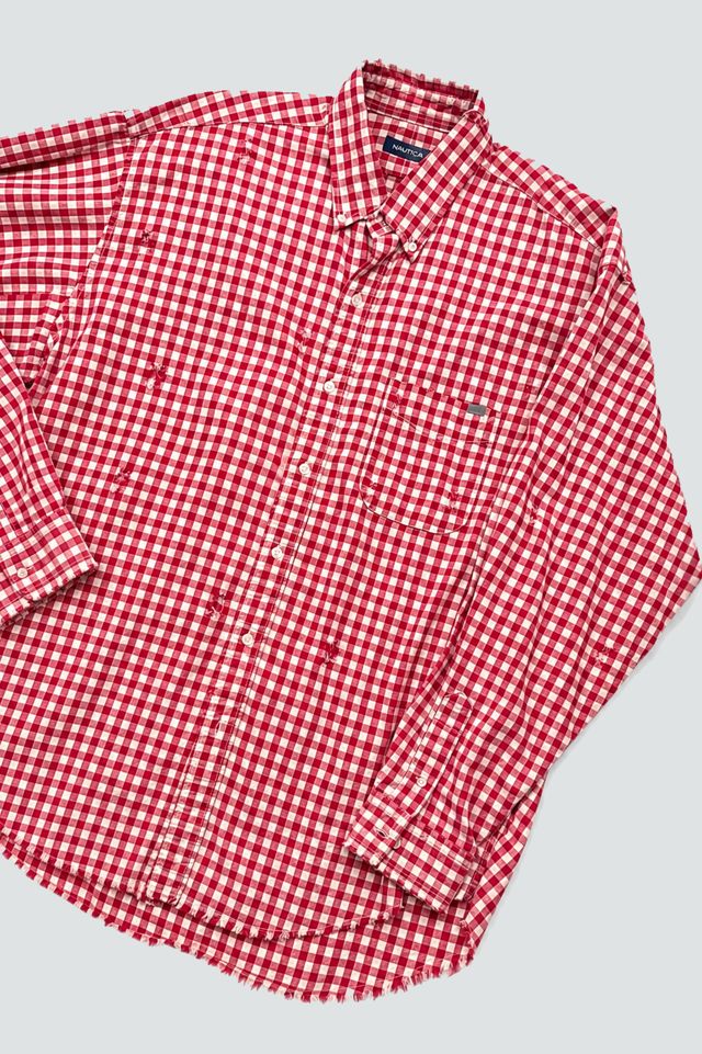Nautica Japan Red Gingham Plaid Oversized Distressed Shirt #3