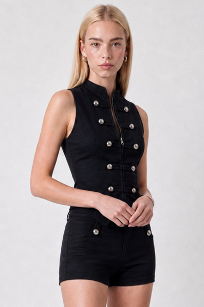 Personal Code Napoleon Military Button Sleeveless Zip Up Top