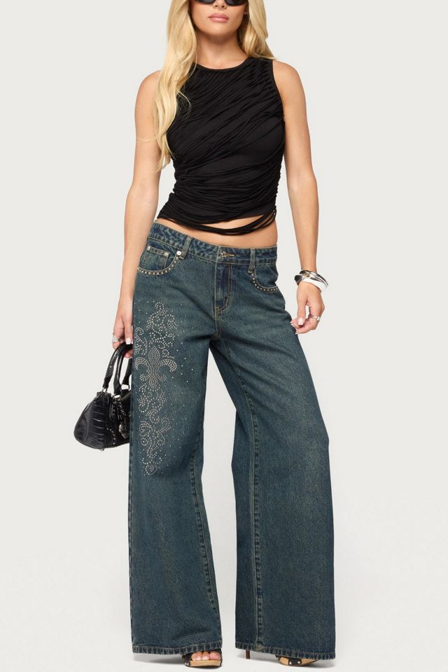 Edikted Rhinestone Graphic Low Rise Baggy Jeans #1