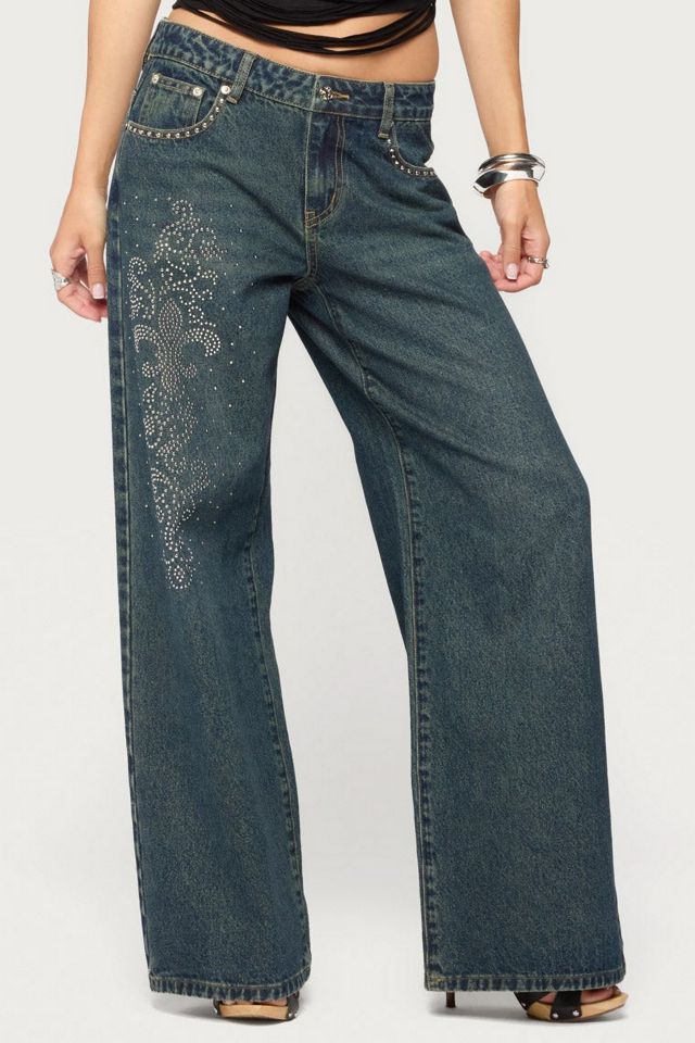 Edikted Rhinestone Graphic Low Rise Baggy Jeans #3