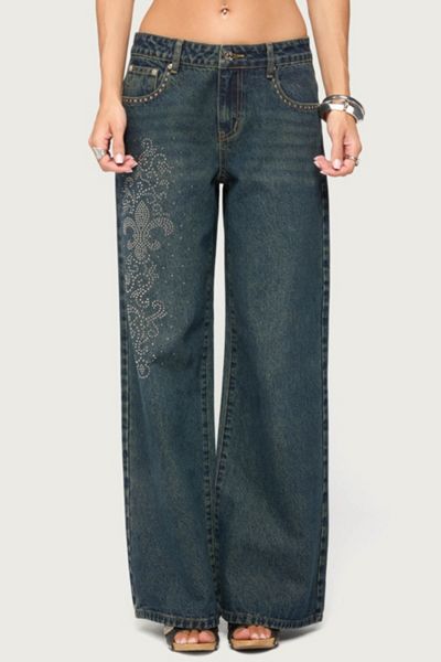 Edikted Rhinestone Graphic Low Rise Baggy Jeans