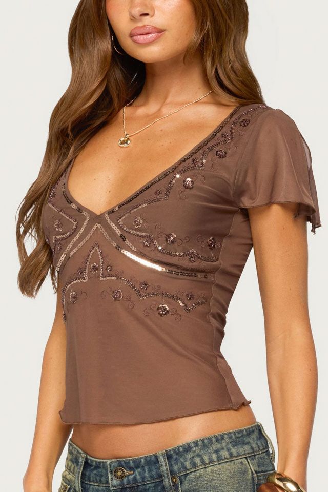 Edikted Ciri Sequin Mesh V Neck Top #2