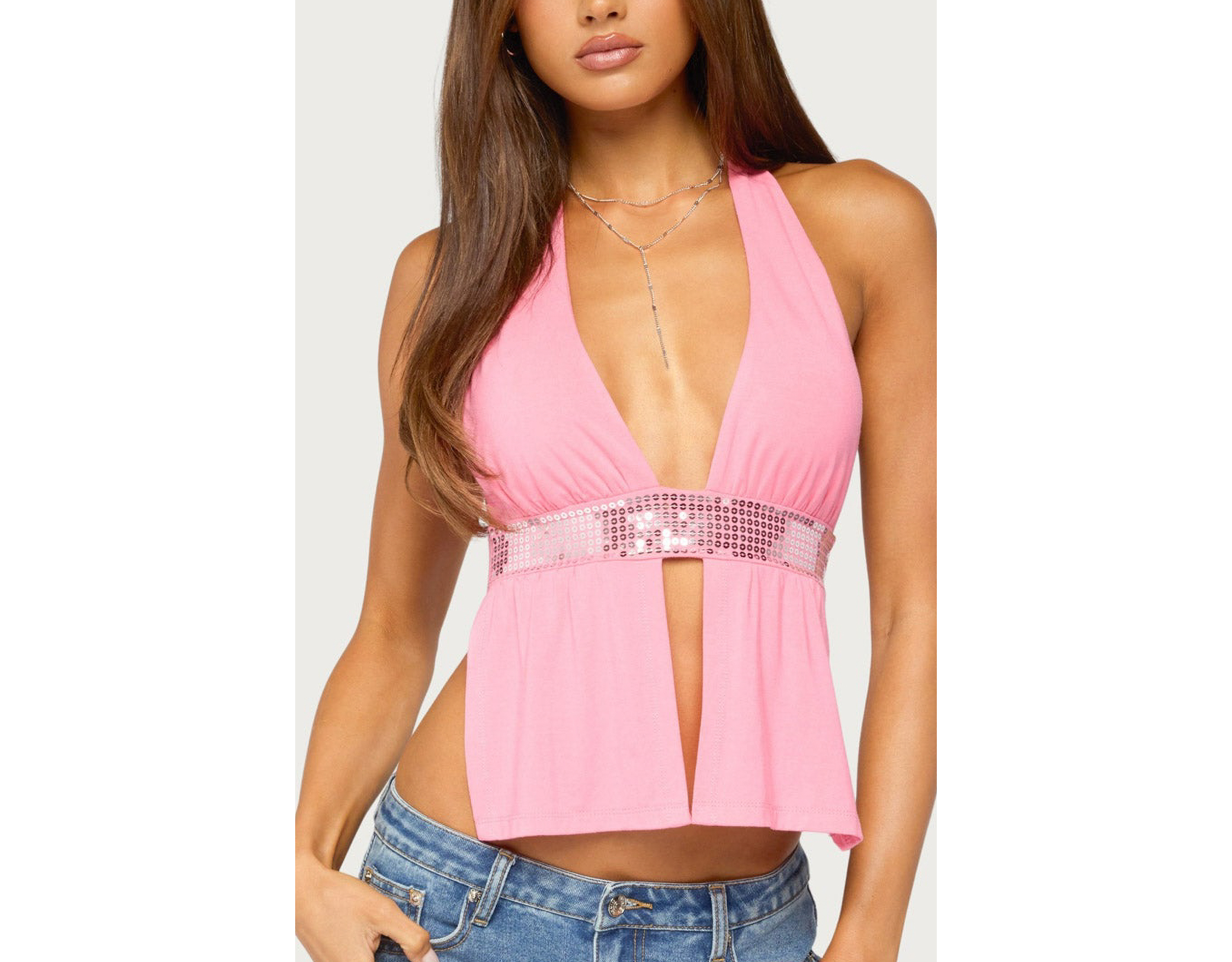 Edikted Heily Sequin Split Front Backless Top