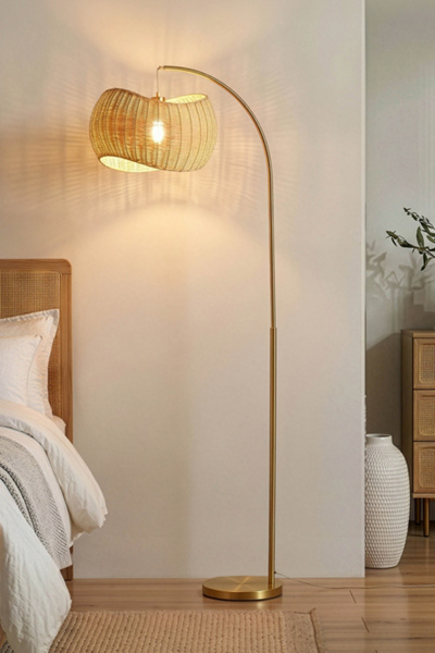 Brightech Wave Pendant LED Rattan Shade Floor Lamp in Antiqued Brass at Urban Outfitters