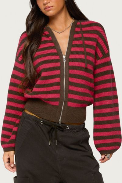 Edikted Cluny Striped Knit Zip Up Hoodie