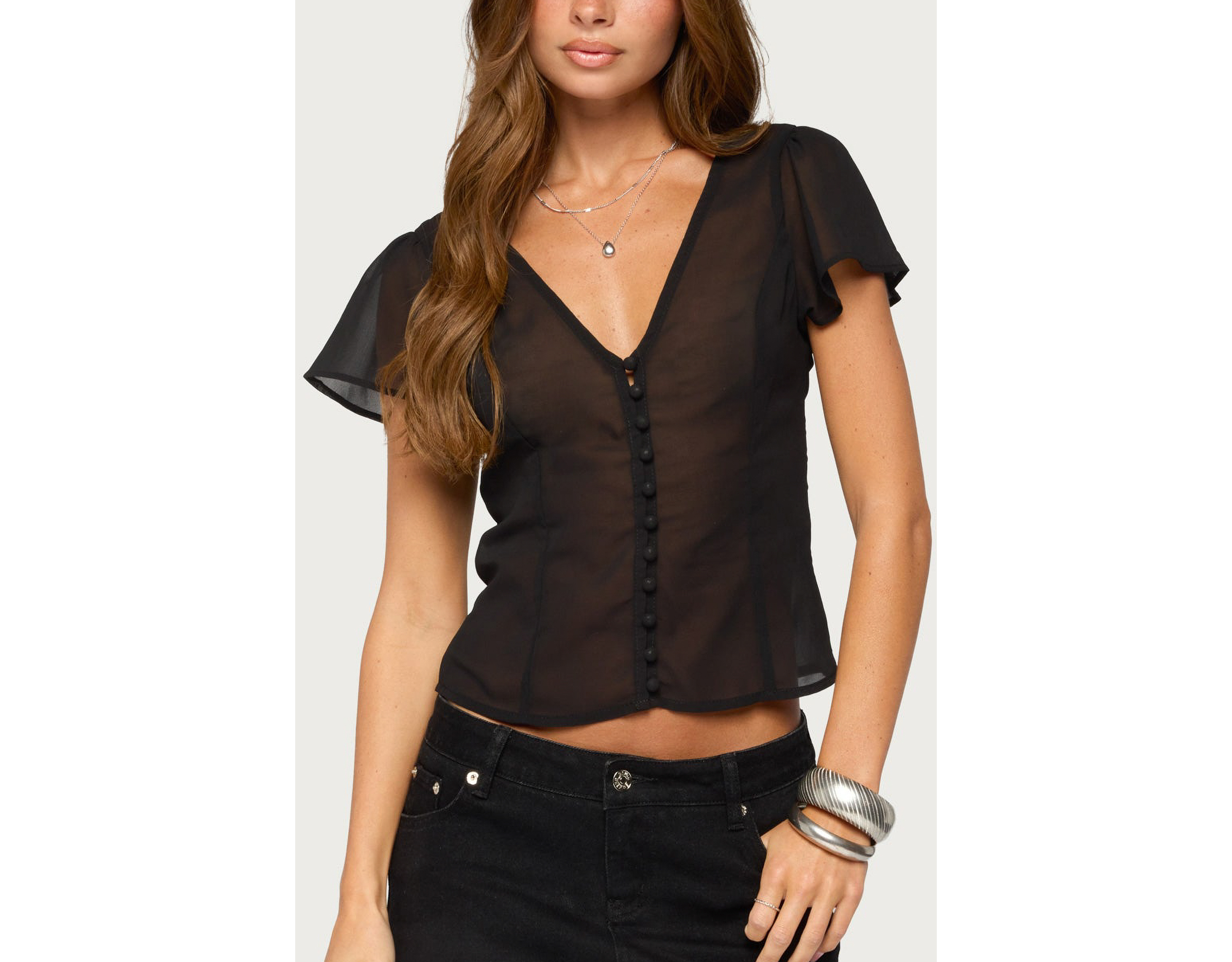 Edikted Lania Sheer Chiffon Button Up Top