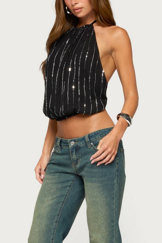 Edikted Neala Backless Sequin Chiffon Halter Top #3