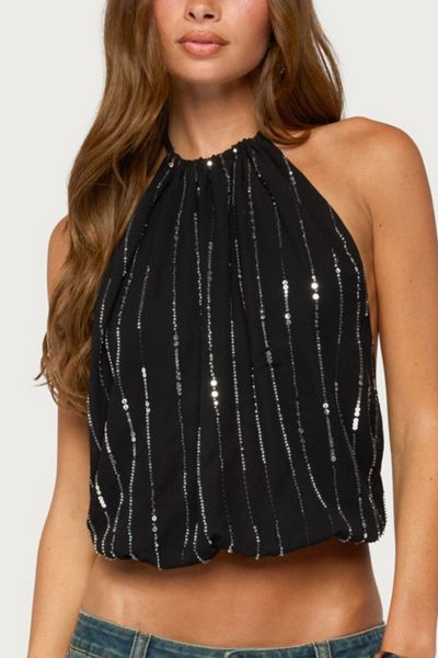 Edikted Neala Backless Sequin Chiffon Halter Top
