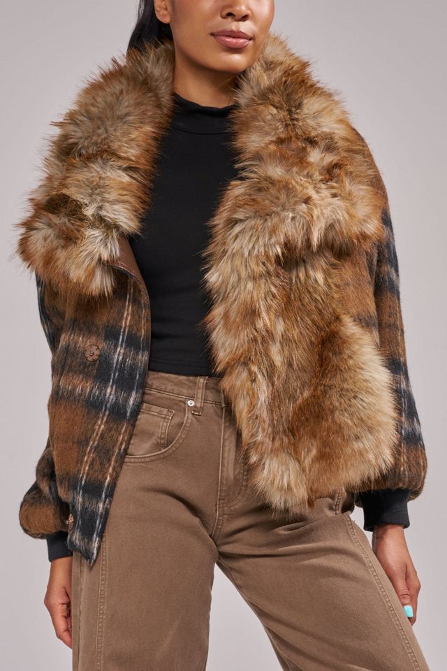 Azalea Wang Maddy Furry Plaid Bomber Jacket #1