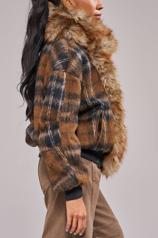 Azalea Wang Maddy Furry Plaid Bomber Jacket #2