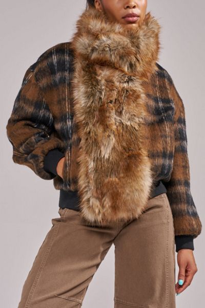 Azalea Wang Maddy Furry Plaid Bomber Jacket
