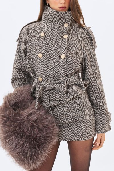 Miss Circle Sadie Herringbone High Collar Belted Mini Jacket