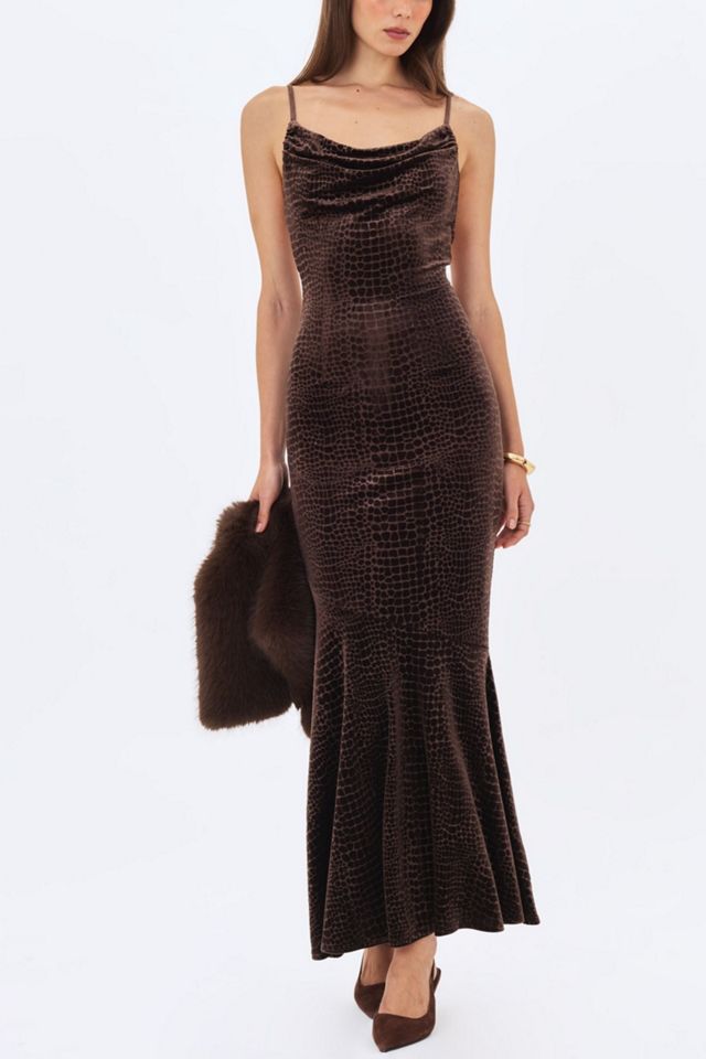 Miss Circle Veronique Croc-Embossed Velvet Cowl Neck Mermaid Maxi Dress #2