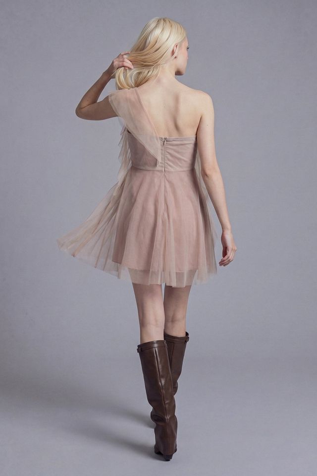 Slate Pink Asymmetrical One-Shoulder Tiered Tulle Mini Dress with Rosette Detail #2
