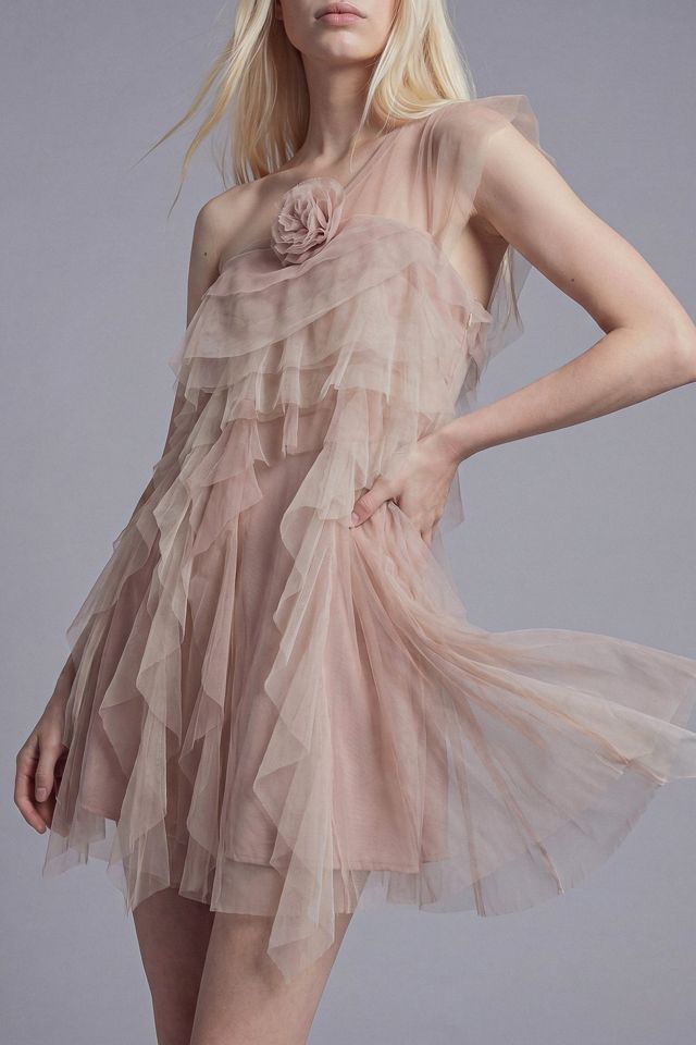 Slate Pink Asymmetrical One-Shoulder Tiered Tulle Mini Dress with Rosette Detail #3