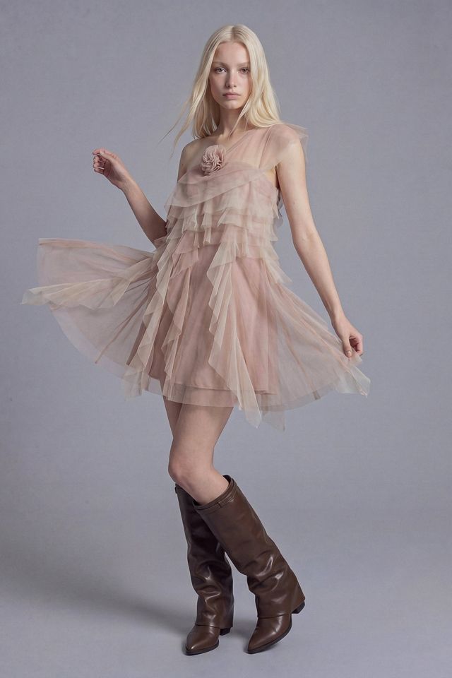 Slate Pink Asymmetrical One-Shoulder Tiered Tulle Mini Dress with Rosette Detail #4