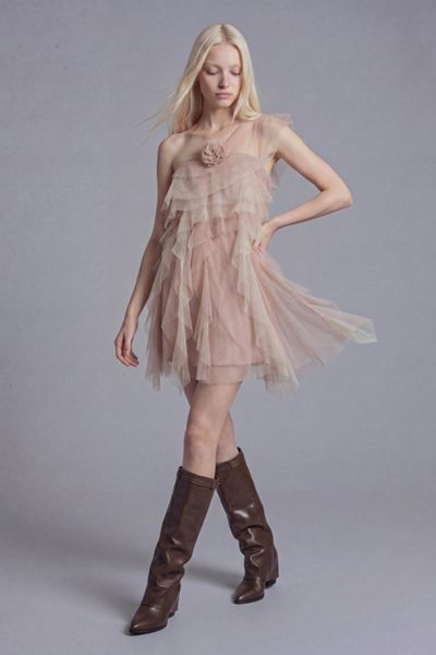 Slate Pink Asymmetrical One-Shoulder Tiered Tulle Mini Dress with Rosette Detail