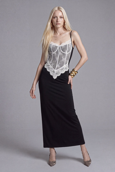 Slate Pink Lace Corset Maxi Dress in Black With White Lace, Women's at Urban Outfitters