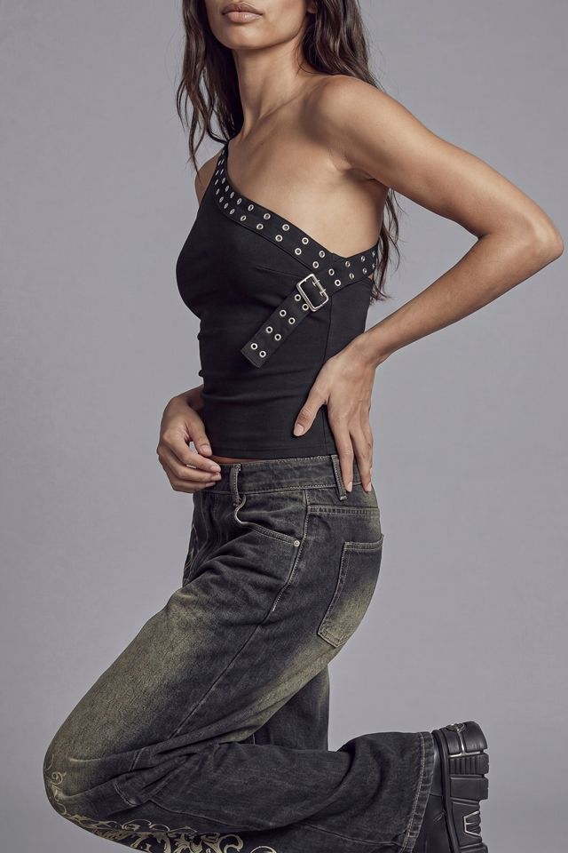 Slate Pink One Shoulder Stud Strap Buckle Top #2