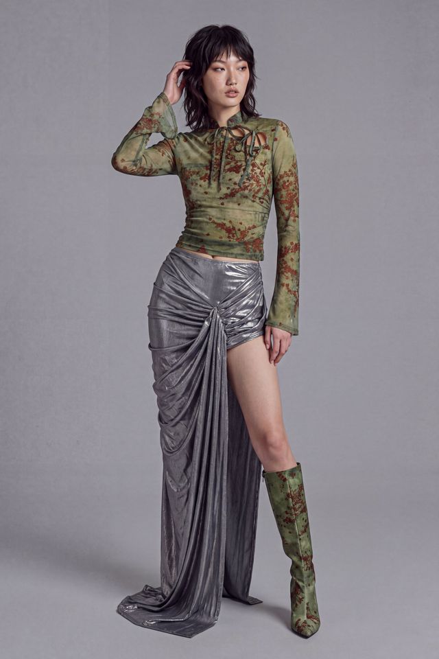 Slate Pink Metallic Draped High Slit Maxi Skirt #1
