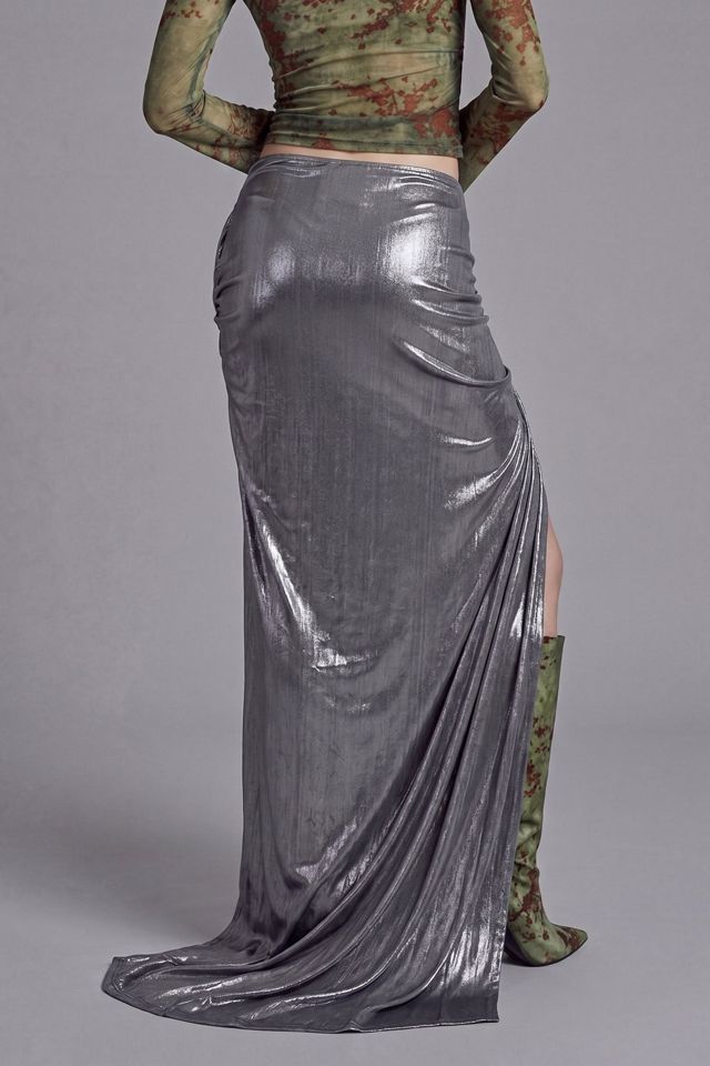 Slate Pink Metallic Draped High Slit Maxi Skirt #2