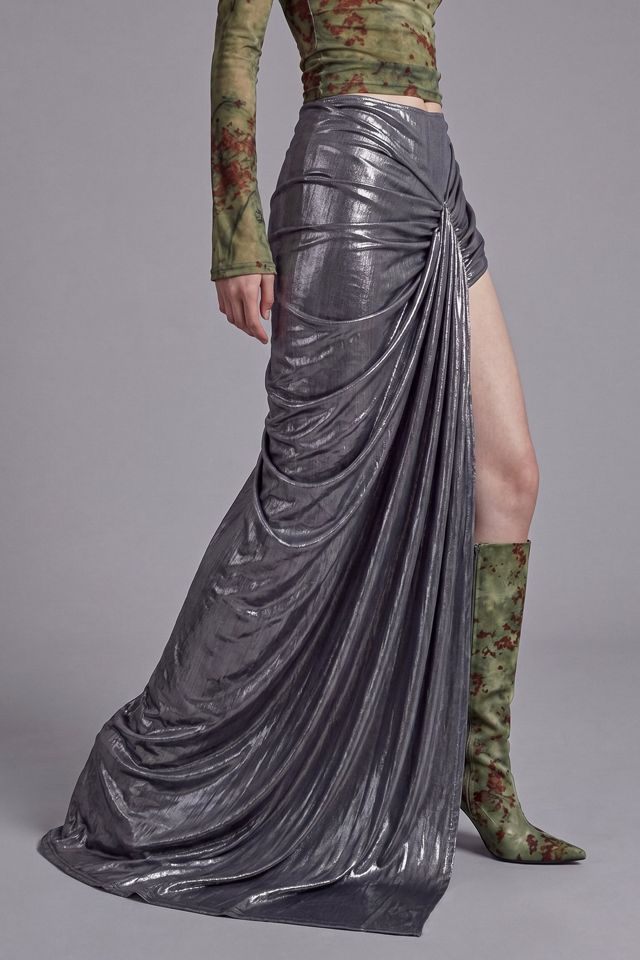Slate Pink Metallic Draped High Slit Maxi Skirt #3