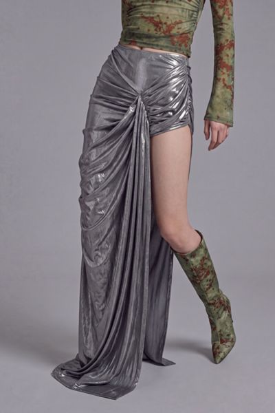 Slate Pink Metallic Draped High Slit Maxi Skirt