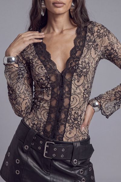 Slate Pink Sheer Floral Lace Long Sleeve Top
