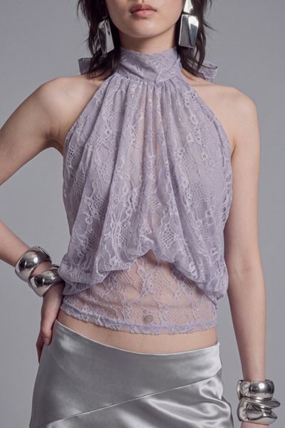 Slate Pink Sheer Floral Lace Halter Top