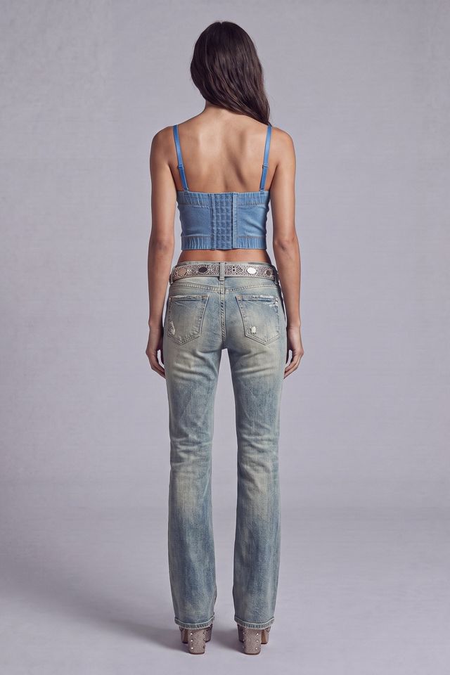 Slate Pink Beaded Butterfly Denim Corset Top with Frayed Appliqué #2