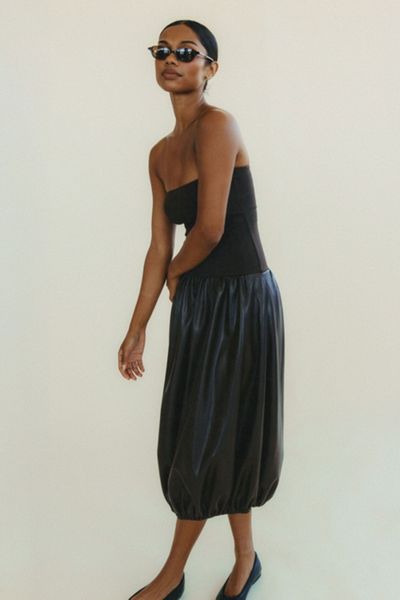 WeWoreWhat Ribbed Leather Bubble Midi Dress