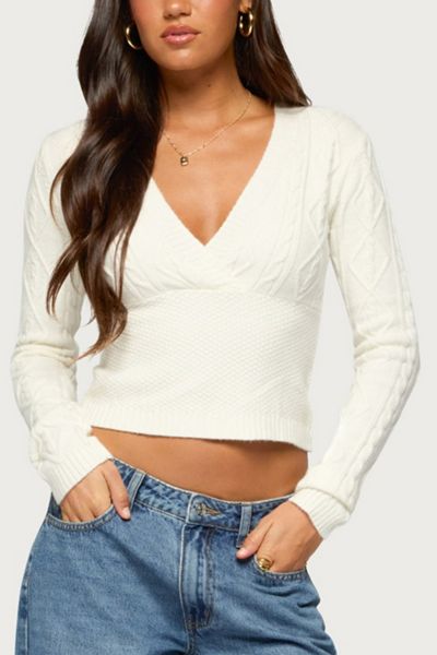 Edikted Kitti V Neck Cable Knit Sweater