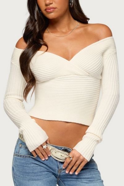Edikted Bealey Off Shoulder Ribbed Wrap Sweater