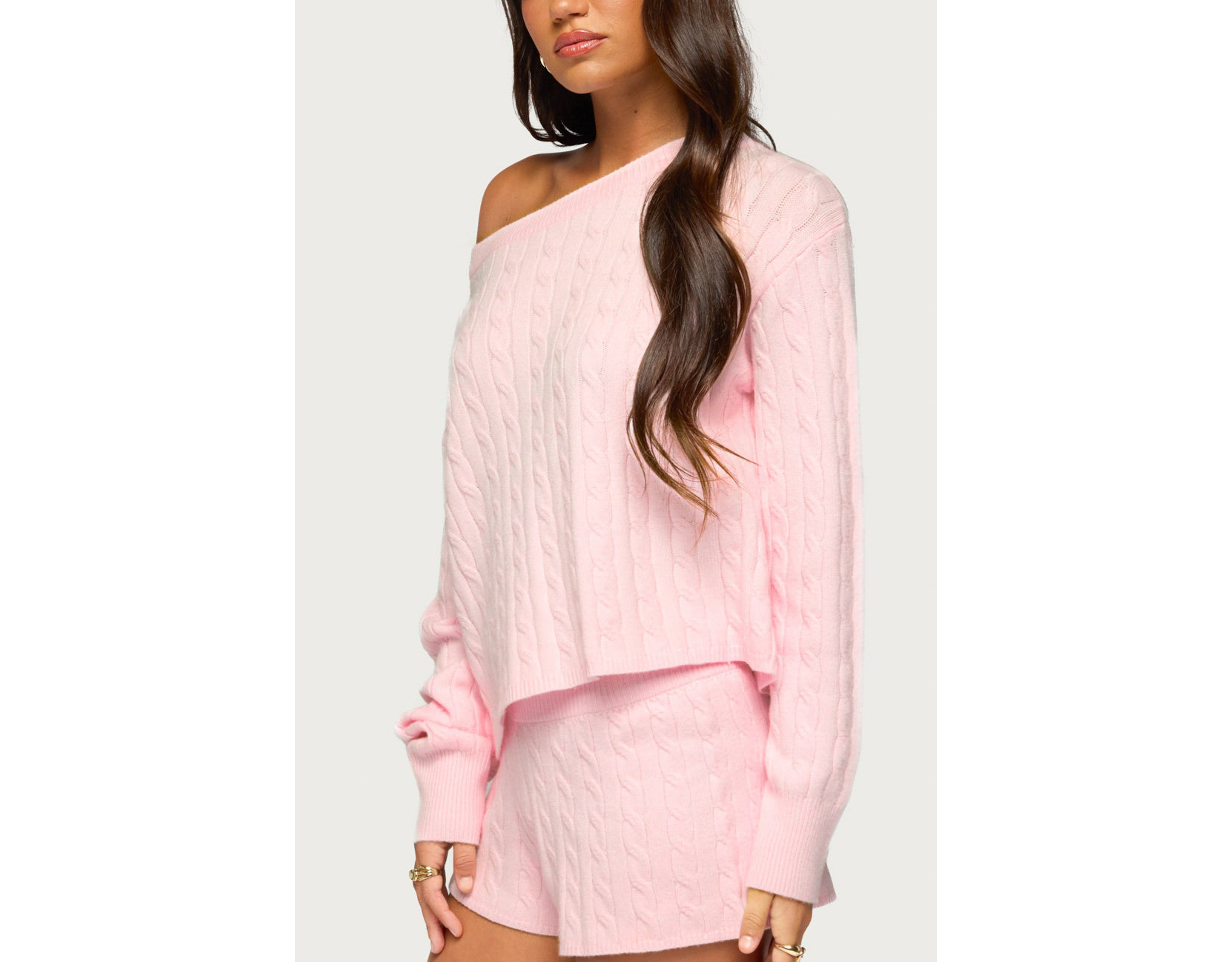 Edikted Coralee Off Shoulder Cable Knit Sweater