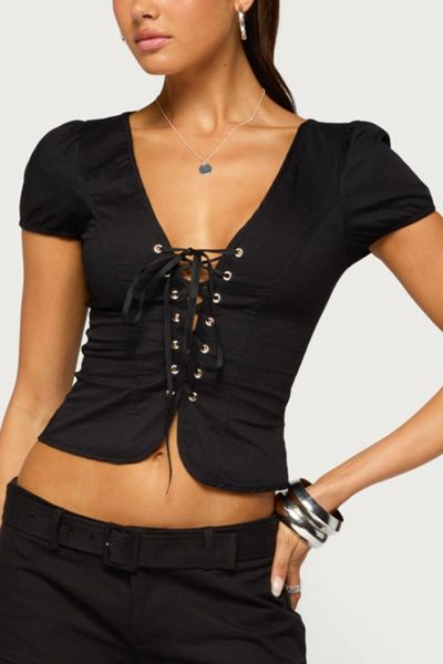 Edikted Kyleigh Puff Sleeve Lace Tie Top