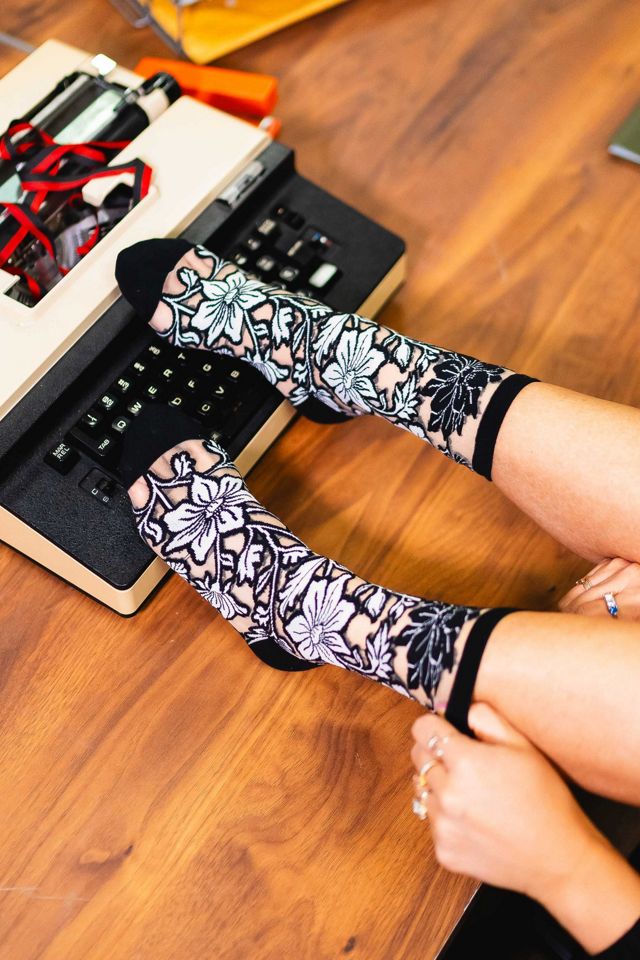 Sock Candy Black and White Florals Sheer Sock #1