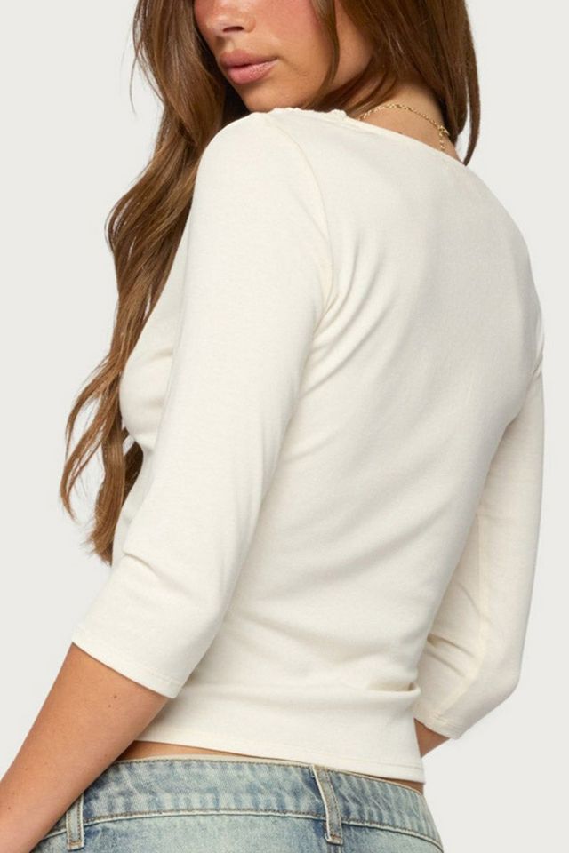 Edikted Haeva Three-Quarter Sleeve Crochet Trim Top #4