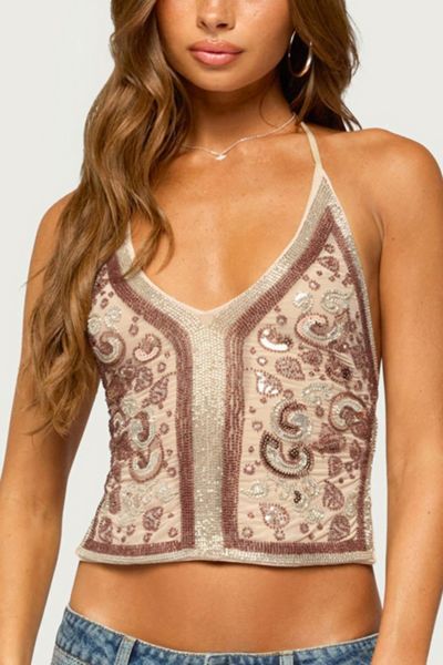 Edikted Delanie Beaded Backless Halter Top