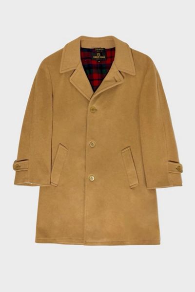 Vintage 1960's Camel Wool Plaid Lined Long Coat
