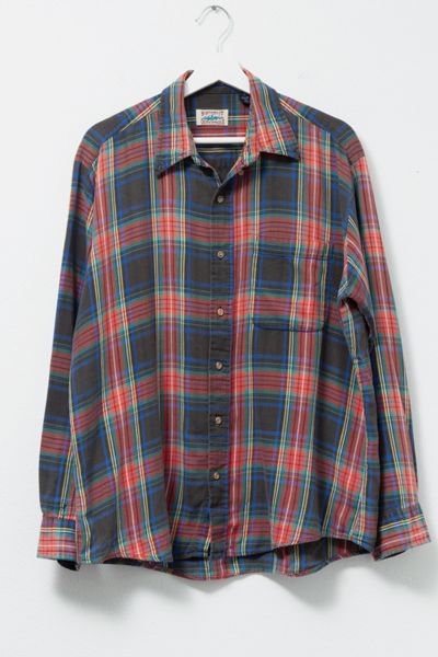 Vintage 1990s Distressed Plaid Cotton Button Up Shirt
