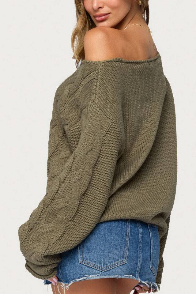 Edikted Nellie Off Shoulder Cable Knit Sweater #4