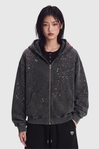 Aelfric Eden Rhinestone Lettering Zip-Up Hoodie