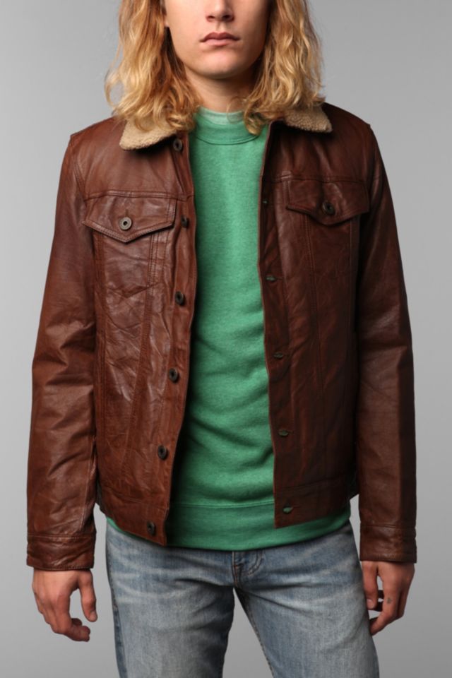 Levi's brown leather trucker jacket hotsell