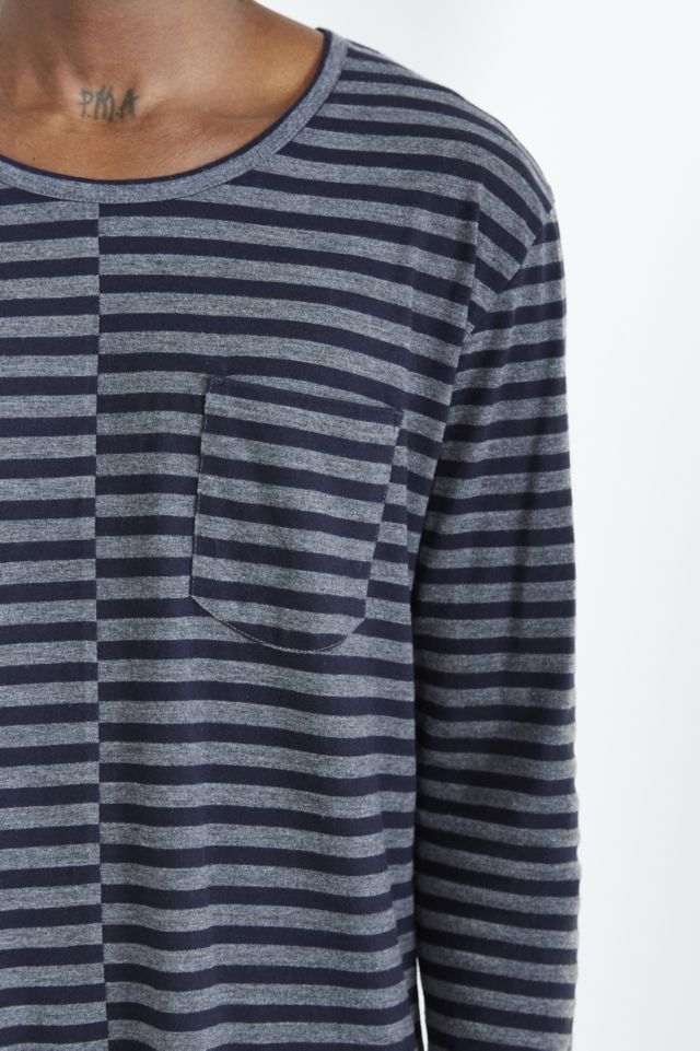 Feathers Long-Sleeve Curved Hem Crew Neck Stripe Tee #1