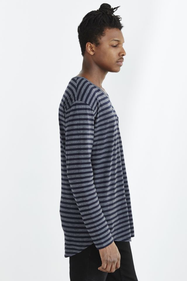 Feathers Long-Sleeve Curved Hem Crew Neck Stripe Tee #2