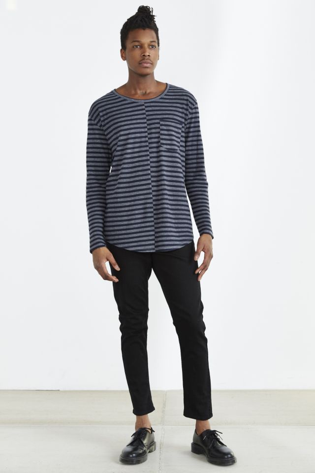 Feathers Long-Sleeve Curved Hem Crew Neck Stripe Tee #5