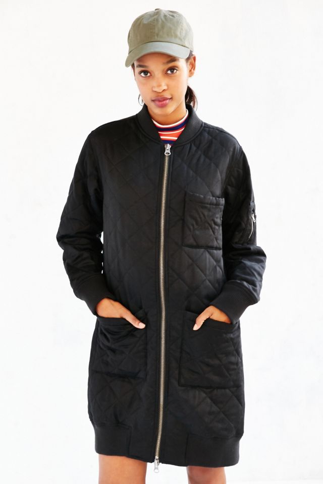 Adidas long quilted bomber hot sale jacket