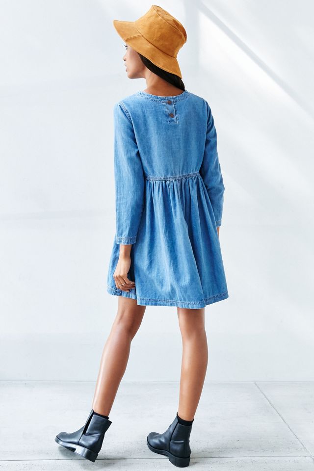 white christmas dresses Womens Denim Chambray Collared Babydoll Mini Dress Delias- Blue