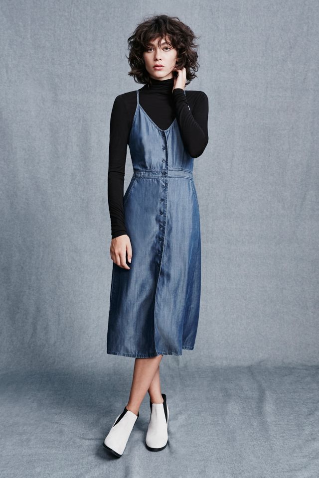 slim fit dress slacks Fit and Flare Denim Midi Dress with Fringes Cashew / 14