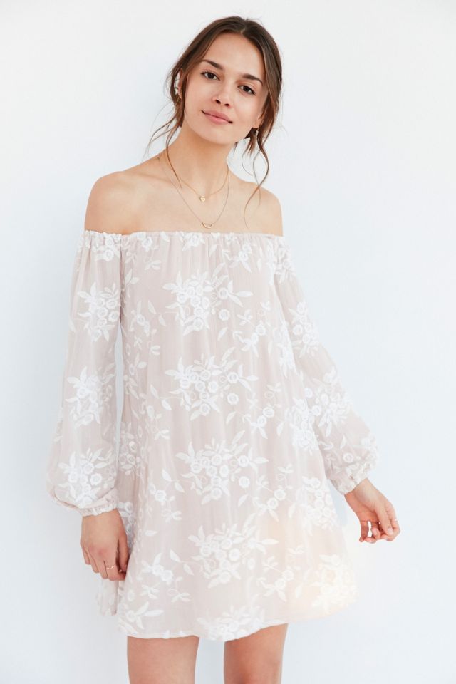 Ecote Embroidered Off-The-Shoulder Mini Swing Dress